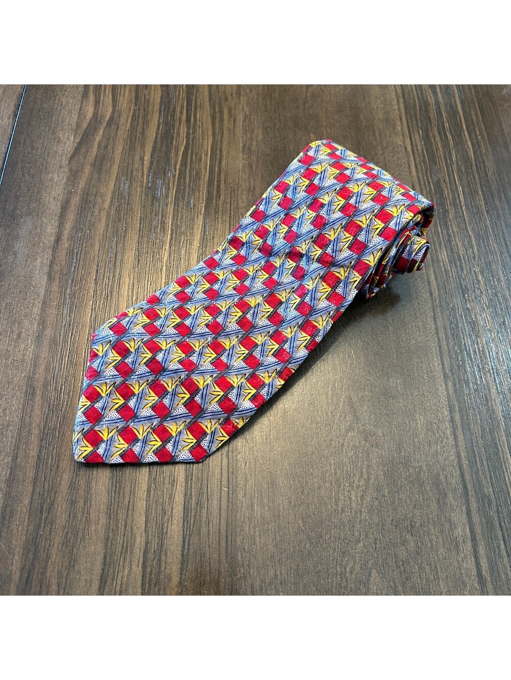 Vintage 90s Robert Talbott Studio 100% Silk Geometric Print Tie Red Blue Gold